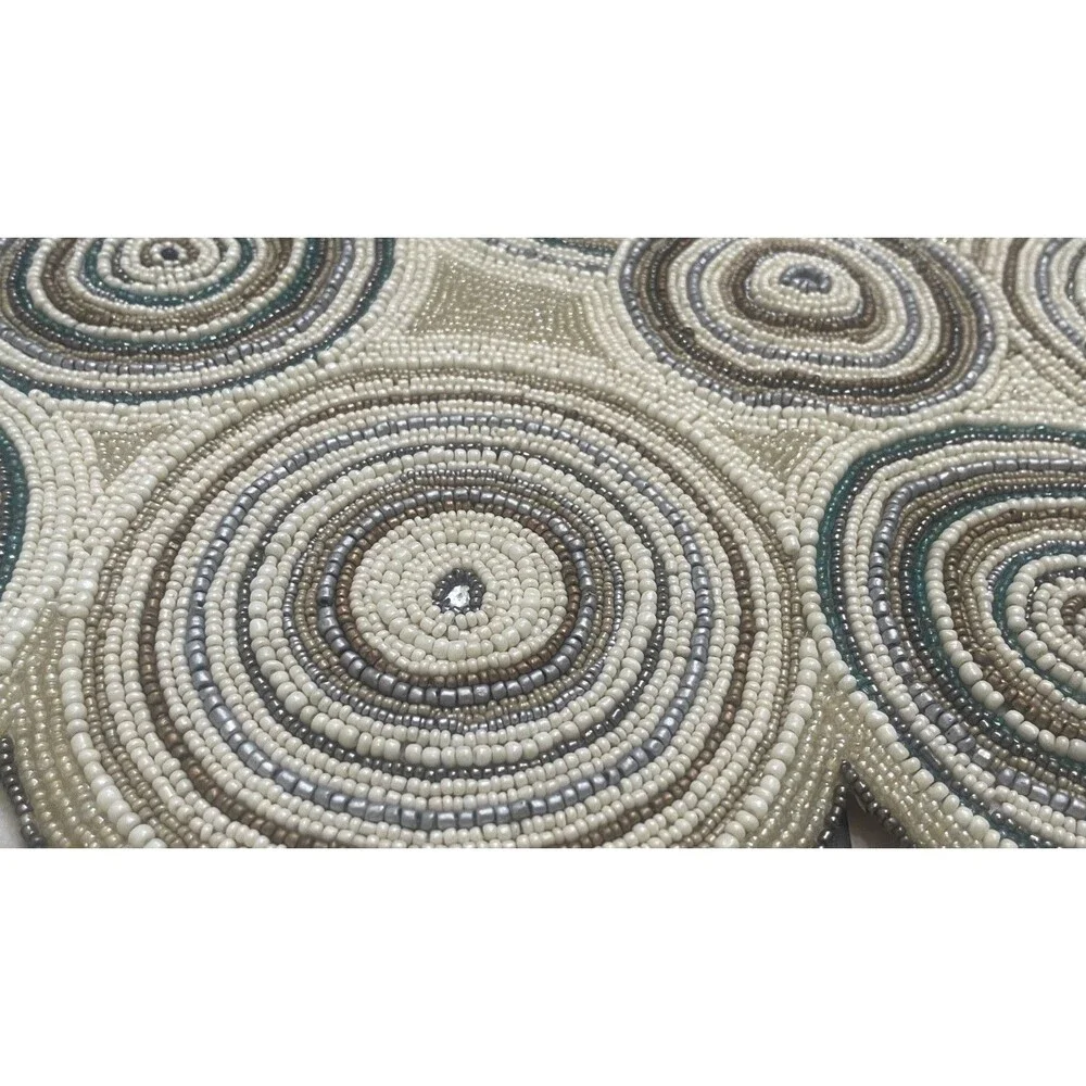 Pier 1 One Beaded Table Runner Round Concentric Medallion Boho Circles Tan Gray